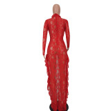 New Long-Sleeved Lace And Lotus Leaf Collar Irregular Mopping Dress