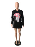 New Red Lip Printing Women's Sweater Mid-length Hooded Dress
