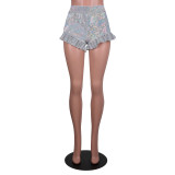 Fashion Pleated Ruffled Laser Glass Floral Mini Shorts