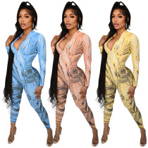Autumn And Winter Water Ripple Printing Zipper Slim Sexy Jumpsuit