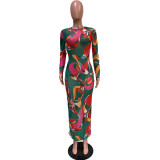New Autumn And Winter Net Yarn Perspective Printed Dress