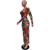 New Autumn And Winter Net Yarn Perspective Printed Dress