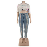 Summer New Style Double-row Eyelets Drawstring Jeans