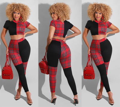 Fashion Printed Plaid Color Matching Two-piece Suit