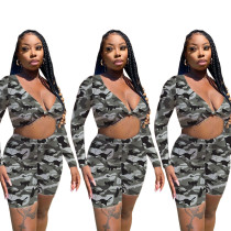 Two-piece Sexy Long-sleeved Camouflage Set with Wrapped Chest And Knot