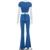 New Style Short-sleeved Cross-cut Umbilical Lace-up Flared Pants Suit