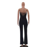 Fashion Wrapped Chest Drawstring Halter Micro-flared Jumpsuit