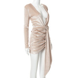 Autumn New Style Velvet Deep V Long-sleeved Lace Irregular Dress