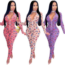 See-through Butterfly Print Zipper Long-sleeved Skinny Jumpsuit