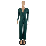 Solid Color V-neck Puff Sleeve Personality Wide-leg Jumpsuit