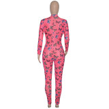 See-through Butterfly Print Zipper Long-sleeved Skinny Jumpsuit