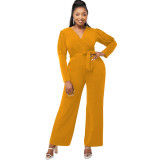 Solid Color V-neck Puff Sleeve Personality Wide-leg Jumpsuit