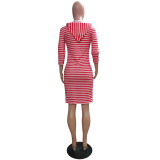 Temperament Three-quarter Sleeve Striped Hooded Sweater Dress