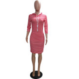 Temperament Three-quarter Sleeve Striped Hooded Sweater Dress