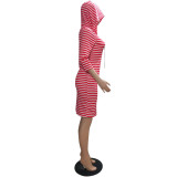 Temperament Three-quarter Sleeve Striped Hooded Sweater Dress