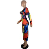New Autumn Fashion Sexy Slim Painted Print Open-chested Dress