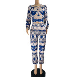 Two-piece Printed Long-sleeved Tie Pocket Two-piece Suit