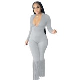 New Solid Color Open Chest Sexy Invisible Zipper Tassel Jumpsuit