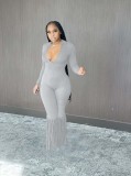 New Solid Color Open Chest Sexy Invisible Zipper Tassel Jumpsuit