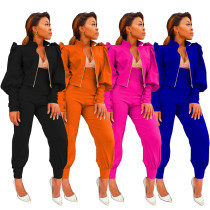 Design Solid Color Puff Sleeve Zipper High Waist Pants Suit