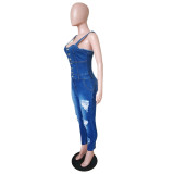Thin Denim Sling Jumpsuit With White Spray And Ripped Holes