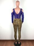 Leopard Print Stitching Net Yarn Pleated Sexy Jumpsuit