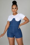 High-stretch Denim Two-color Stitching Jumpsuit With Hidden Zipper