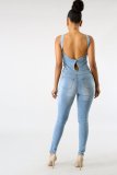 New Fashion Denim Slim-fit Halter Neck Zipper Jumpsuit