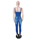 Thin Denim Sling Jumpsuit With White Spray And Ripped Holes