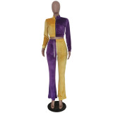 Korean Velvet Contrast Color Slim-fit Flared Pants Suit