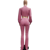 Solid Color High Neck Puff Sleeve Cropped Flared Pants Suit