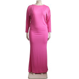 Large Size Casual Solid Color Long-sleeved Round Neck Dress