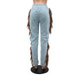 Solid Color Three-dimensional Pocket Lace-up Fringed Trousers