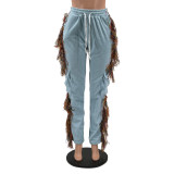 Solid Color Three-dimensional Pocket Lace-up Fringed Trousers