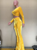 Sexy Solid Color Gold Velvet Flared Pants Long Sleeve Suit