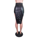 Sexy Fashion Elastic PU Leather Split Button Zipper Skirt