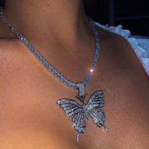 Large Butterfly Pendant Single Row Bright Diamond Necklace