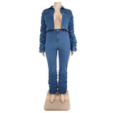 Fall/winter New Style Denim Two-piece Pleated Pile Pants