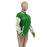 New Color-block Print Leather Sleeve Baseball Jacket