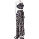 Leopard Print Open-waist Slit Tube Top Long Skirt Suit