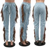 FashionSolid Color Three-Dimensional Pocket Lace-Up Fringed Trousers