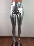 Plush Thick PU Leather Zipper Slit Bright Leather Small Feet Leather Pants