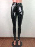 Plush Thick PU Leather Zipper Slit Bright Leather Small Feet Leather Pants