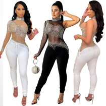 Fashion Sexy Mesh See-through Rhinestone Jumpsuit