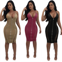 Sexy Strappy Double-sided Eyelet Straps Slim-fit Leather Dress