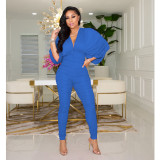 Sexy Bat Sleeve Solid Color Deep V-neck Ruffled Jumpsuit