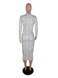 Hot Sale Long Sleeve U-Neck Printed Polka Dot Slim Dress