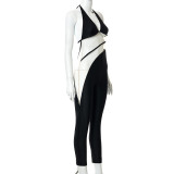 Pure Color Halter Open Back Sexy Hollow Mesh Stitching Jumpsuit