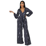 New Product Printed Sexy V-neck Strap Wide-leg Jumpsuit