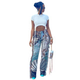 Oil Painting Marine Positioning Printed Fringed Trousers
